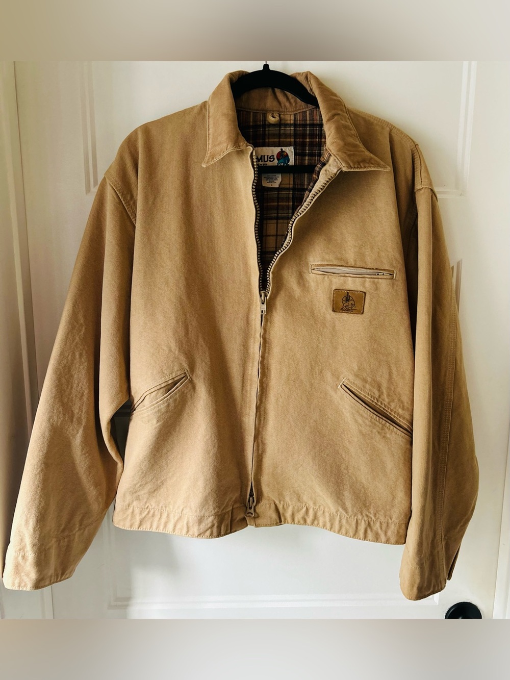 Vintage 90s IMUS Auto Body Express Canvas Chore Jacket L Tan Flannel Lined USA
